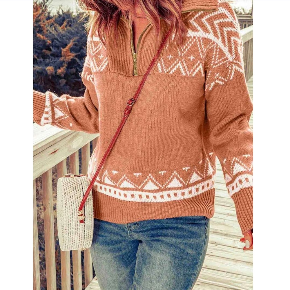 Nordic White Print on Coral Pink Thick Knit Pullover Sweater Zip Collar - Picture 5 of 8